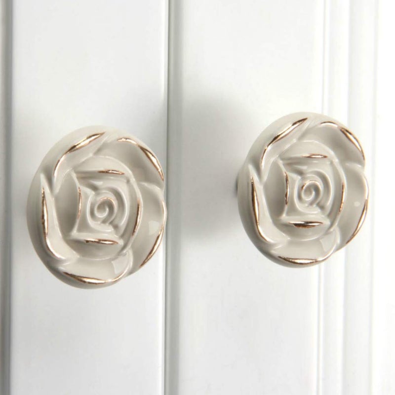 Joyindecor Antique Rose Flower Cabinet Knobs, Vintage Kitchen Shabby Chic Zinc Alloy White Drawer Pull Handles for Dresser Vanity Nightstand Cupboard Wardrobe, 8 Pack (Golden Line) - Image 3